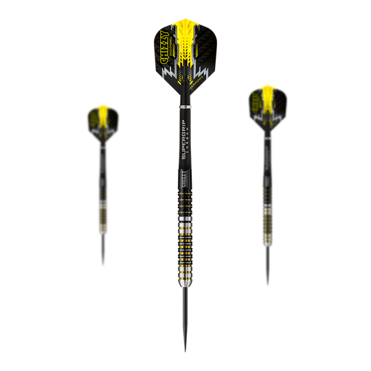 Ocelové šipky Harrow's Dave Chisnall Chizzy Das Bild zeigt drei Steeldarts des Modells "Harrows Dave Chisnall Chizzy". Die Darts sind schwarz-gelb gestaltet und haben die Aufschrift "CHIZZY" auf den Flights.