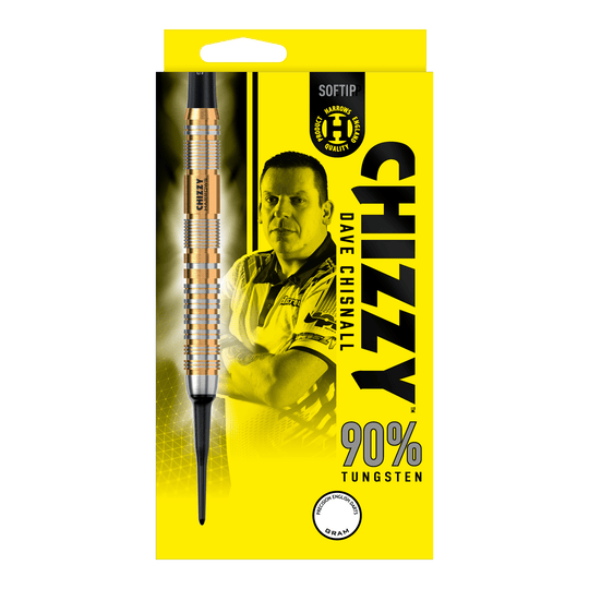 Měkké šipky Harrow's Dave Chisnall Chizzy Series 2 Die Verpackung zeigt die "Harrows Dave Chisnall Chizzy Series 2 Softdarts" mit einem Bild von Dave Chisnall. Auf der gelben Schachtel steht, dass die Darts aus 90% Tungsten bestehen.