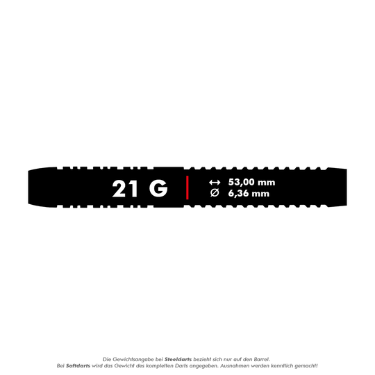 2466_Winmau_Florian_Hempel_Softdarts_5_21g Das Bild zeigt einen schwarzen Dart-Barrel mit der Aufschrift "21 G". Die Maße des Barrels sind 53,00 mm Länge und 6,36 mm Durchmesser.