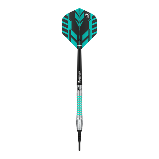Das Bild zeigt einen Bulls Veco V2 Softdart mit auffälligem schwarz-türkisem Design. Der Dartpfeil hat einen geriffelten silbernen und türkisen Griff sowie einen schwarzen Schaft und Flight.