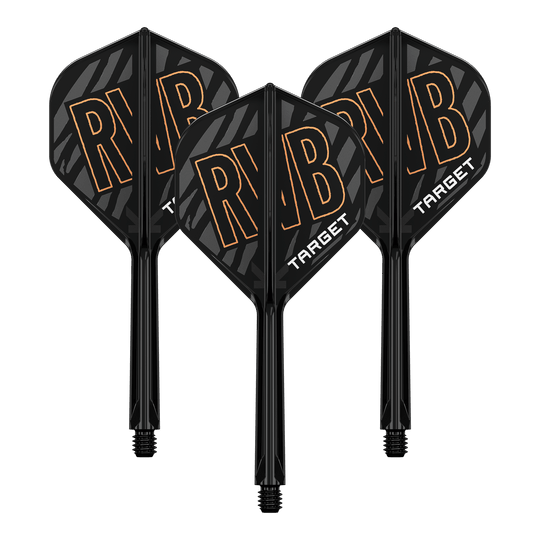Targetový K-Flex Standardní letový hřídel Raymond Van Barneveld No2 Das Bild zeigt drei schwarze Dartflights mit integrierter Schaftsystem. Auf den Flights steht in großen Buchstaben "RVB" und darunter "TARGET".