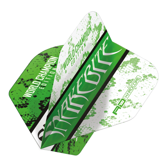 Das Bild zeigt ein Dart-Flight mit grün-weißem Design und dem Aufdruck "Snakebite" sowie "World Champion Edition". Es handelt sich um das Modell "Red Dragon Peter Wright Snakebite Green White Yin Yang Standard Flights".