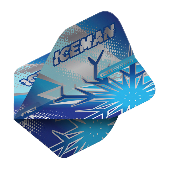 Standardní lety Red Dragon Gerwyn Price Blue Flake No2 Das Bild zeigt die Dartflights „Red Dragon Gerwyn Price Blue Flake No2 Standard Flights“ in Blau mit Eiskristall-Design. Auf den Flights steht groß das Wort „ICEMAN“.