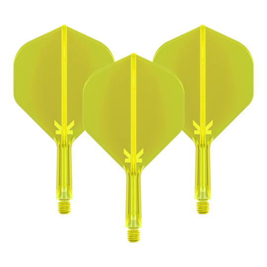 Abgebildet ist das Target K-Flex No2 Flight-System in Neon-Gelb, 19mm. Es handelt sich um ein Set Dart-Flights und -Shafts für den Dartsport.