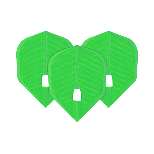 L-Style Flights Dimple Champagne L3PRO Shape Das Bild zeigt drei grüne Dartflights in einer speziellen Form mit Dimple-Struktur. Es handelt sich um das Produkt "L-Style Flights Dimple Champagne L3PRO Shape".