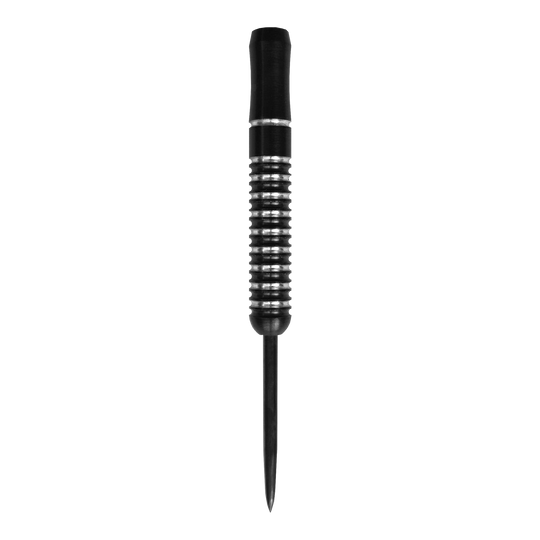 McDart Void Steeldart hlavně - 23g Das Bild zeigt einen McDart Void Steeldart Barrel mit einem Gewicht von 23g. Der Dart hat ein schwarz-silbernes Rillenmuster und eine spitze Metallspitze.