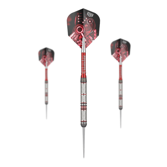 Ocelové šipky DW Piranha Razor 01 Das Bild zeigt drei Steeldarts des Produkts "DW Piranha Razor 01". Die Darts haben silberne Griffe mit roten Akzenten und Flights mit einem roten Zahnrad-Motiv.