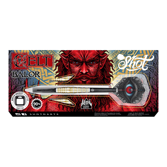Šipky Shot Celt Balor Die Abbildung zeigt die „Shot Celt Balor Softdarts“ in ihrer Verpackung. Auf der Verpackung ist ein auffälliges, rotes Fantasy-Gesicht im Hintergrund zu sehen.