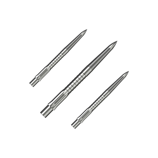 Ocelové hroty na šipky Caliburn System - Micro Grip - stříbrné Das Bild zeigt drei silberne Steeldartspitzen mit feinem Micro-Grip. Sie sind 28 mm lang und sauber nebeneinander angeordnet.