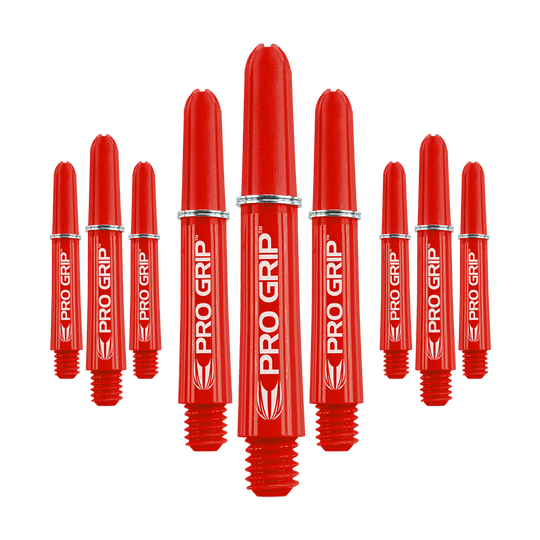Target Pro Grip Shafts – 3 sady – červená Das Bild zeigt neun rote Dart-Schäfte mit der Aufschrift "PRO GRIP". Sie sind in drei Gruppen angeordnet und haben ein auffälliges, glänzendes Design.