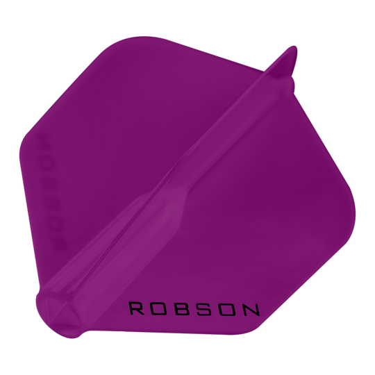Lety Robson Plus – standardní Das Bild zeigt ein violettes Dartflight mit sechseckiger Form. Auf dem Flight steht das Wort "ROBSON" in schwarzen Buchstaben.
