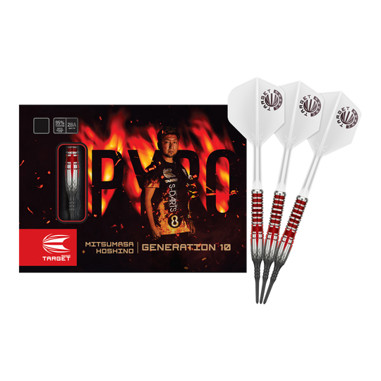Das Bild zeigt das Produkt "Target Japan Mitsumasa Hoshino Pyro GEN10 MAX Softdarts - 19g" samt Verpackung und drei Darts. Auf der Verpackung ist ein Spieler vor einem flammenden Hintergrund abgebildet.