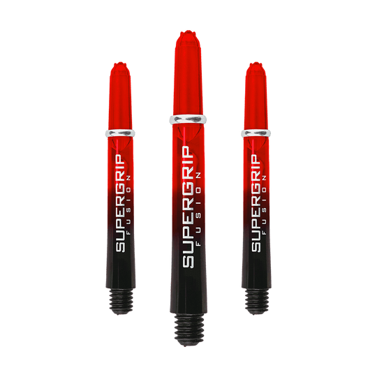 HR343_Harrows_Supergrip_Fusion_Shafts_Rot_40mm_1Mdm0kWbcAgFm6 Das Bild zeigt drei Harrows Supergrip Fusion Shafts in der Farbe Rot. Die Shafts sind rot-schwarz und haben die Aufschrift "SUPERGRIP FUSION".