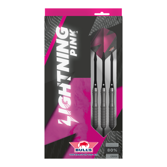 Ocelové šipky Bulls NL Lightning Pink Das Bild zeigt eine Verpackung der "Bulls NL Lightning Pink Steeldarts". Die Darts sind in Schwarz und Pink gestaltet und haben einen Stahlspitze.