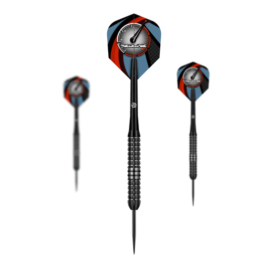 Šipky Shot Redline Blazed Steel Das Bild zeigt drei Steeldarts des Produkts "Shot Redline Blazed". Die Flights sind mit einem schwarz-roten und blauen Muster sowie dem Redline-Logo gestaltet.