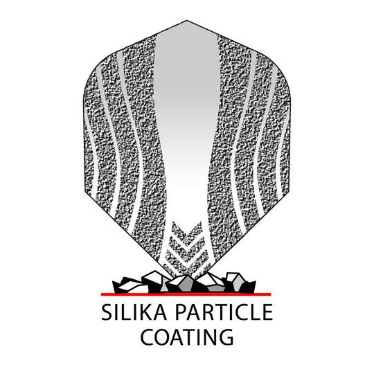 _Harrows_Silika_Lumen_No6_Coating2IZyZwFuCIIxq Das Bild zeigt ein Dartflight mit einem Muster aus geschwungenen Linien und einem Silika-Partikel-Coating. Darunter steht in schwarzer Schrift: "SILIKA PARTICLE COATING".
