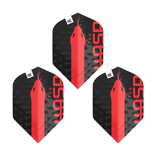 Target Pro Ultra Nathan Aspinall No2 Standard Flights - 3 sady Das Bild zeigt drei schwarze Dart-Flights mit einem roten Schlangenkopf und der Aufschrift "THE ASP". Es handelt sich um das Produkt "Target Pro Ultra Nathan Aspinall No2 Standard Flights - 3 Sets".