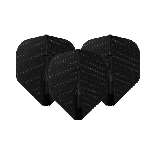 Letky ve stylu L Dimple Champagne L1EZ Standard Auf dem Bild sind drei schwarze Dart-Flights mit Dimple-Oberfläche zu sehen. Sie stehen nebeneinander und sind identisch geformt.
