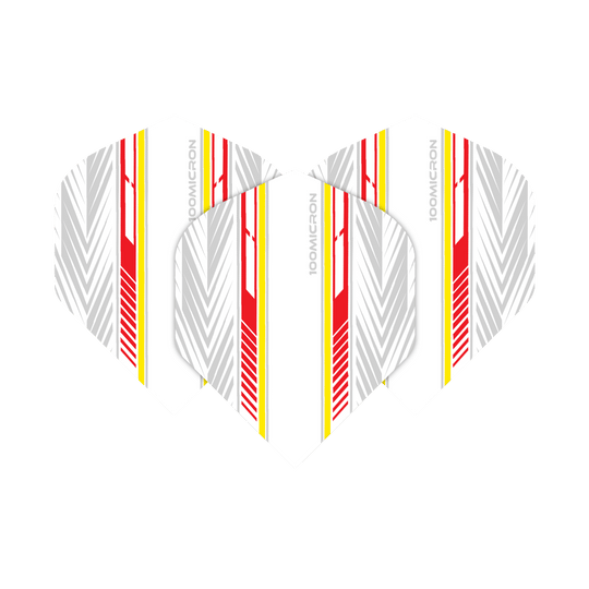 Letky pro pětiboj bílé/červené/žluté Das Bild zeigt die Pentathlon White Red Yellow No2 Standard Flights in einem modernen Design. Die Flights sind weiß mit roten, gelben und grauen Streifen verziert.