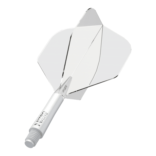 Red Dragon Nitroplite - White Shaft Clear No2 Flights Auf dem Bild ist ein weißer Dartpfeil mit klaren Flügeln zu sehen. Auf dem Schaft steht der Schriftzug "NITRO FLITE".