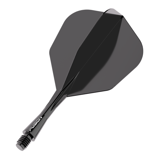 Das Bild zeigt ein schwarzes Dart Flight-Schaft-System. Es trägt den Schriftzug "FUSION" auf dem Schaft und hat eine glänzende Oberfläche.