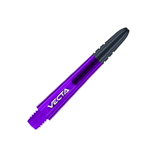 Násadky Winmau Vecta - fialovo-černé Das Bild zeigt einen lila und schwarzen Dart-Schaft mit der Aufschrift "VECTA". Der Schaft hat ein glattes, modernes Design und misst 37 mm.