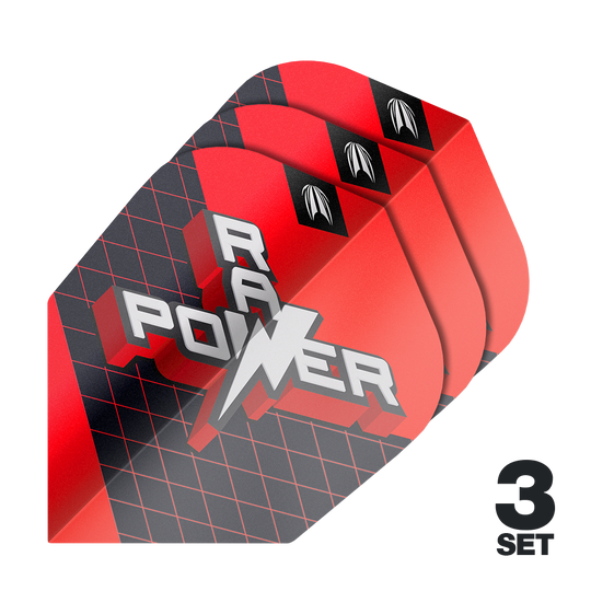 Das Bild zeigt drei Sets der Target Pro Ultra Phil Taylor Power 9Five GEN11 No6 Flights. Die Flights sind überwiegend rot und schwarz gestaltet und tragen die Aufschrift "RAY POWER".