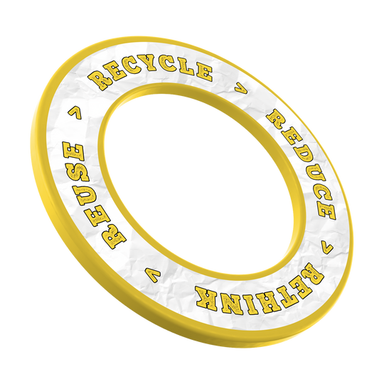 McDart Recyklace Snížení Přehodnocení Znovupoužití Obložení terče Das Bild zeigt das Produkt mit dem Dateinamen MSF-C7_McDart_Recyle_Reuse_Reduce_Rethink_Surround_Gelb_1. Es handelt sich um einen gelben Dartboard-Surround mit Recycling-Motiv.