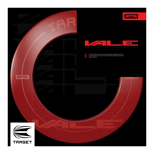 Obložení terče Target VALE Das Bild zeigt das Produkt "Target VALE Dartboard Surround" in einem auffälligen roten Design. Es wurde speziell entwickelt, um den bestmöglichen Schutz für Wände beim Dartspiel zu bieten.