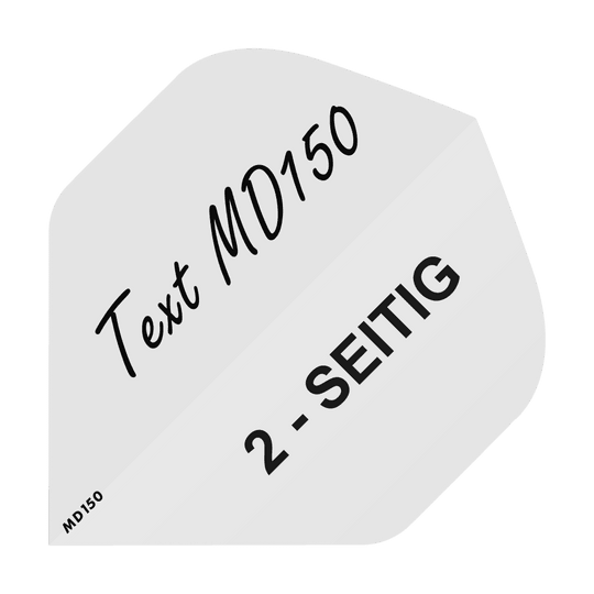 MD-201_2-Seitig_Bedruckte_Flights_Wunschtext_MD150_Weiss_Standard_1 Das Bild zeigt ein weißes Dartflight mit der Aufschrift "Text MD150" und "2-SEITIG". In der unteren Ecke steht zusätzlich "MD150".