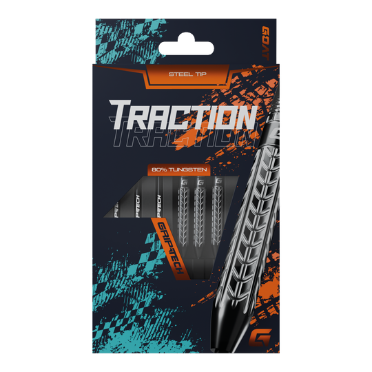 Šipky GOAT Traction z wolframové oceli Die Abbildung zeigt die Verpackung der "GOAT Traction Tungsten Steeldarts" mit Stahlspitzen. Auf der Vorderseite ist das auffällige Design und der Hinweis auf 80% Tungsten sowie GRIPTECH deutlich sichtbar.