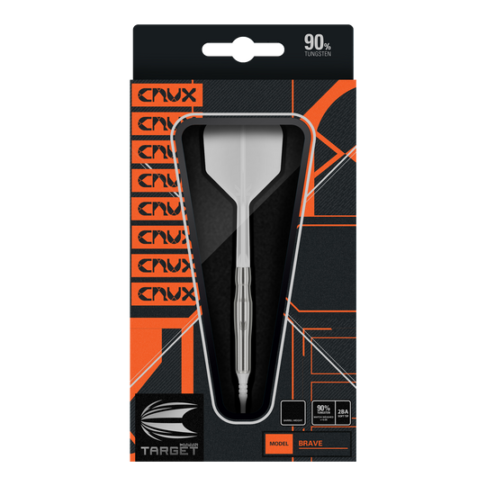 Měkké šipky Target Japan Crux Brave - 18,5 g Das Bild zeigt die Verpackung des Produkts "Target Japan Crux Brave Softdarts - 18,5g". Der Dartpfeil ist gut sichtbar in einer schwarzen und orangefarbenen Box präsentiert.