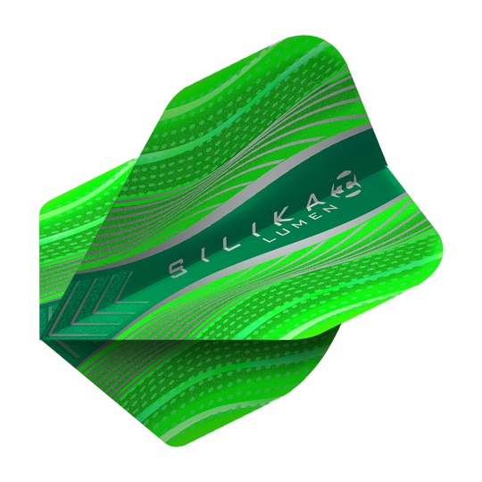 HR63_Harrows_Silika_Lumen_Green_No2_Standard_Flights_2 Harrows Silika Lumen No2 Standard Flights mit grafischem Muster. Die Flights sind gleichmäßig ausgerichtet.
