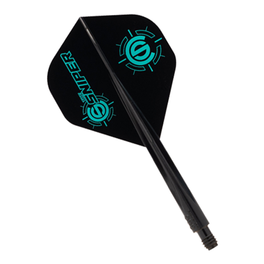 Das Bild zeigt das Produkt "Condor AXE The Sniper Flight-System - Standard". Es handelt sich um ein schwarzes Dart-Flight-System mit türkisfarbenen Logos und der Aufschrift "Sniper".