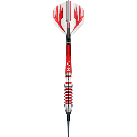 RD2137_Red_Dragon_Reflex_Softdarts_1dEfRHPaBBpnQ2 Das Bild zeigt einen Red Dragon Reflex Softdart mit einem Gewicht von 22 Gramm. Der Dart hat ein auffälliges Design in Rot, Silber und Weiß.