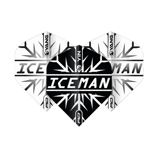 Red Dragon Gerwyn Price Iceman Černá Bílá Yin Yang Standardní lety Das Bild zeigt Dart-Flights in einem Yin-Yang-Design in Schwarz und Weiß mit dem Schriftzug "ICEMAN" in der Mitte. Das Muster erinnert an Eiskristalle und trägt das Markenlogo "Red Dragon".