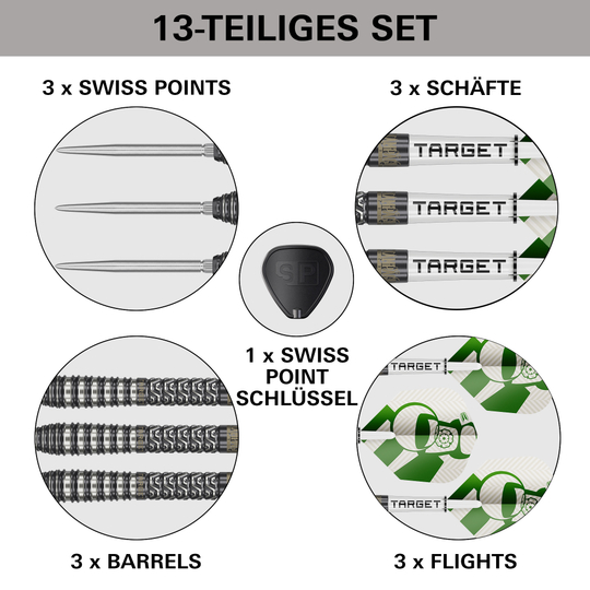 Ocelové šipky Target Charlie Manby Swiss Points Das Bild zeigt die Target Charlie Manby Swiss Points Steeldarts. Sie eignen sich für professionelle Dartspieler.