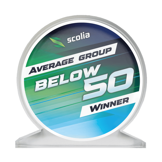 Trofej Scolia z akrylového skla - vítěz Abgebildet ist ein Acrylglas-Pokal mit der Aufschrift "SCOPO-B50 Scolia". Der Pokal ist für einen Average unter 50 bestimmt.