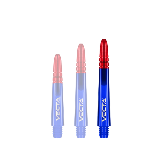 Das Bild zeigt drei Dartschäfte in den Farben Blau und Rot. Auf jedem Schaft steht der Schriftzug „VECTA“.