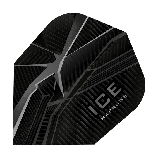 Dies ist ein Harrows Ice Recut Standard Flight für Darts. Das Flight ist schwarz mit silbernen Linien und dem weißen Aufdruck "ICE Harrows".