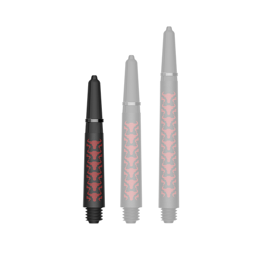 Zu sehen ist ein Dartzubehör, speziell eine Capo Carbon Shaft in Rot und kurzer Ausführung mit 34mm Länge. Das Produkt dient vermutlich als Teil eines Dartpfeils.
