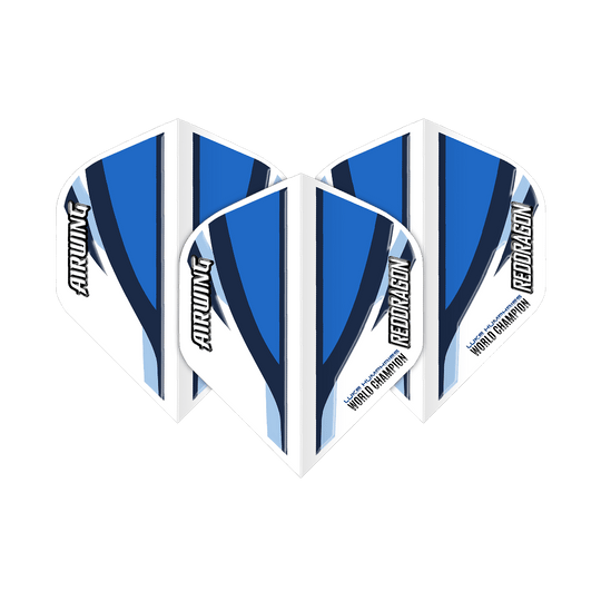 Das Bild zeigt drei Dartflights in Weiß und Blau mit dem Aufdruck "Red Dragon" und "Airwing". Auf den Flights steht außerdem "Luke Humphries World Champion".