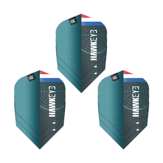 Letky Target Pro Ultra Kevin Doets GEN1 č. 6 - 3 sady Das Bild zeigt drei Sätze der Target Pro Ultra Kevin Doets GEN1 No6 Flights. Die Flights sind blau-grün und haben das Wort "Hawkeye" sowie ein Target-Design und eine kleine Flagge.