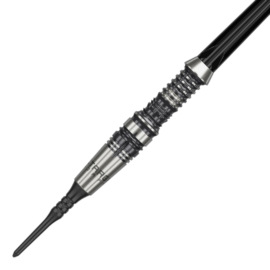 Das Bild zeigt einen Target Japan Black Marque Heracles Softdart mit einem Gewicht von 18g. Der Dartpfeil hat ein silbernes, fein geriffeltes Barrel und eine schwarze Spitze.
