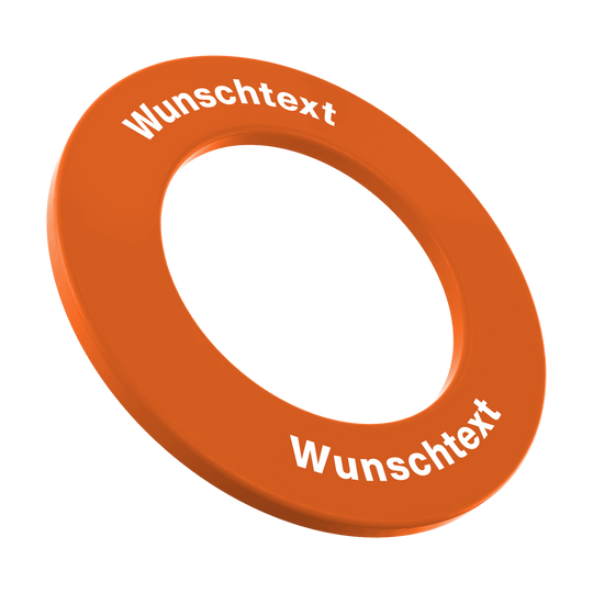 Auf dem Bild ist ein neonorangefarbener Dartboard-Surround-Ring zu sehen. Der Ring trägt zwei Mal den weißen Schriftzug „Wunschtext“.