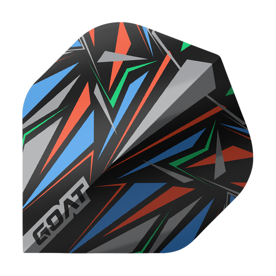 Standardní letky GOAT Athlete Black No2 Das Bild zeigt das Produkt "GOAT Athlete Black No2 Standard Flights". Es hat ein auffälliges, geometrisches Muster in Schwarz mit blauen, roten, grünen und grauen Akzenten.