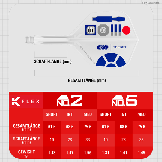 Standardní letky Target Star Wars K-Flex R2D2 No2 Zu sehen sind die Target Star Wars K-Flex R2D2 No6 Flights. Diese Flights haben ein Design, das an R2D2 erinnert und sind für Dartspieler geeignet.