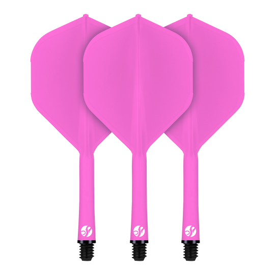 Auf dem Bild sind drei pinke Dart-Flights mit integrierten Schäften zu sehen. Sie gehören zum Shot Flight Deck No2 Standard Flight-System.