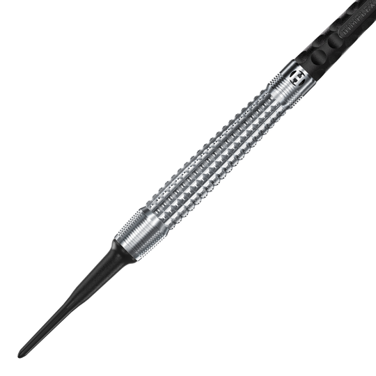 Šipky Harrows Dimplex S3 Tapered Soft Das Bild zeigt einen Harrows Dimplex S3 Tapered Softdart. Der Dartpfeil hat eine silberne, geriffelte Metallspitze und einen schwarzen Schaft.