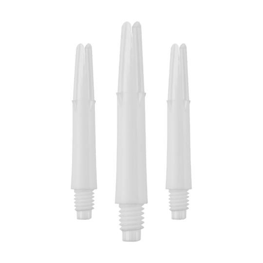 L-L-Style-Shafts Uzamčené rovné - Bílé Auf dem Bild sind drei weiße, gerade Dartschäfte ohne Kappen zu sehen. Sie sind nebeneinander in aufrechter Position angeordnet.